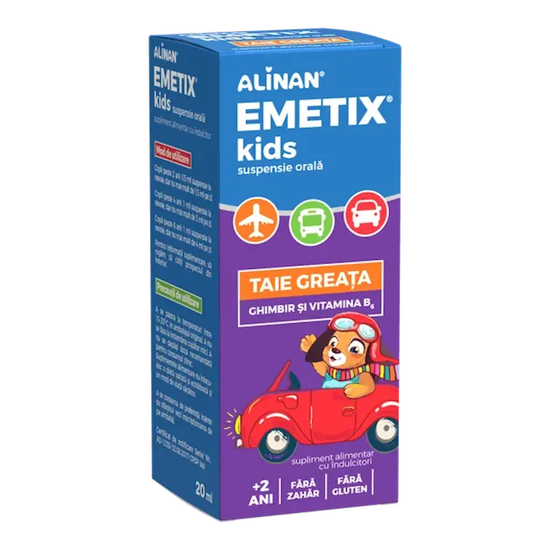 Alinan Emetix suspensie orală 20 ml cu ghimbir și vitamina B6 pentru confort digestiv și rău de mișcare la copii
