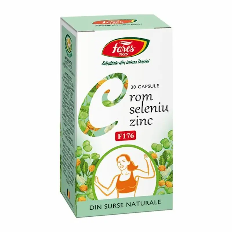 Crom Seleniu Zinc Fares 30 capsule cu oligoelemente pentru glicemie normală, tiroidă, imunitate, piele și păr