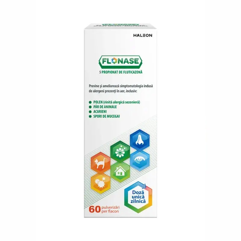Flonase spray nazal 50 micrograme/doză, 60 pulverizări, pentru rinită alergică și congestie nazală