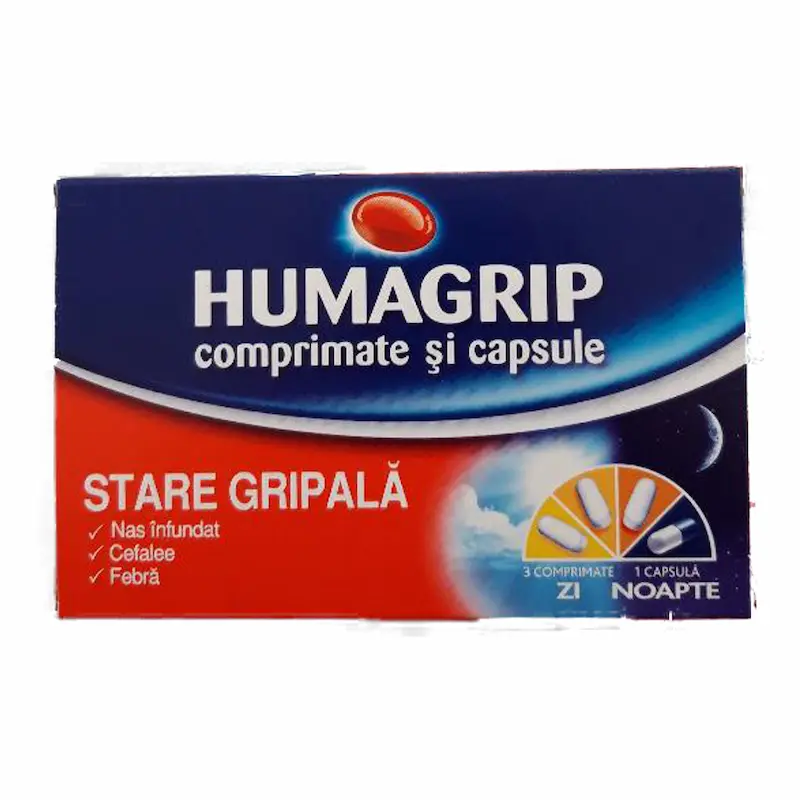 Humagrip Zi și Noapte 12 comprimate și 4 capsule pentru stări gripale cu febră și nas înfundat
