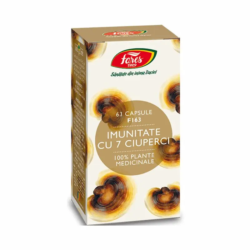 Cutie Imunitate cu 7 Ciuperci Fares, 63 capsule cu Reishi, Shiitake, Maitake și extracte standardizate în polizaharide