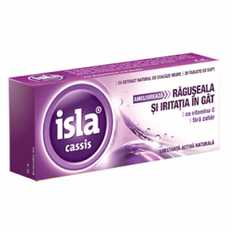 Isla Cassis 30 tablete de supt cu mușchi islandez pentru răgușeală, uscăciune și iritație în gât