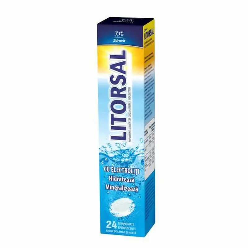 Litorsal Zdrovit 24 comprimate efervescente cu electroliți, vitamina C și aromă de mentă și lămâie