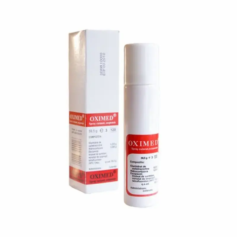 Oximed Mebra spray cutanat 59,5 g cu oxitetraciclină și hidrocortizon pentru dermatoze și dermatite suprainfectate