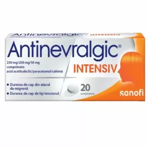 Antinevralgic Intensiv Sanofi 20 comprimate cu paracetamol acid acetilsalicilic și cafeină pentru dureri de cap
