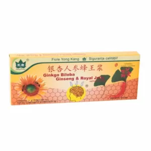 Ginkgo Biloba + Ginseng + Royal Jelly Yong Kang 10 fiole orale x 10 ml cu extracte vegetale și lăptișor de matcă