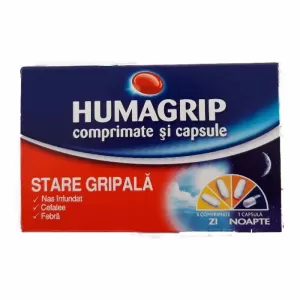Humagrip Zi și Noapte 12 comprimate și 4 capsule pentru stări gripale cu febră și nas înfundat