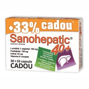 Sanohepatic 40+ pachet 30 + 10 capsule cu L-ornitină L-aspartat, colină și fosfolipide pentru susținerea ficatului