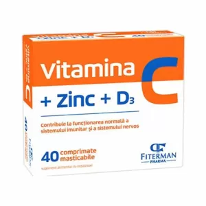 Vitamina C + Zinc + Vitamina D3 Fiterman 40 comprimate masticabile fără zahăr pentru susținerea imunității