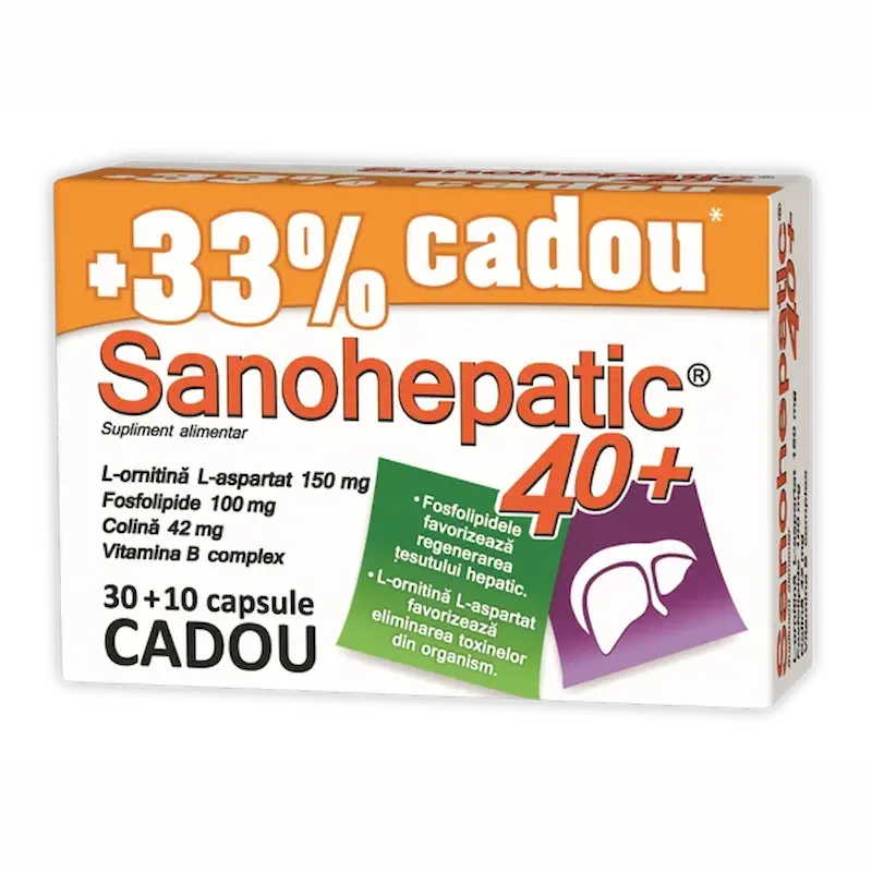 Sanohepatic 40+ pachet 30 + 10 capsule cu L-ornitină L-aspartat, colină și fosfolipide pentru susținerea ficatului