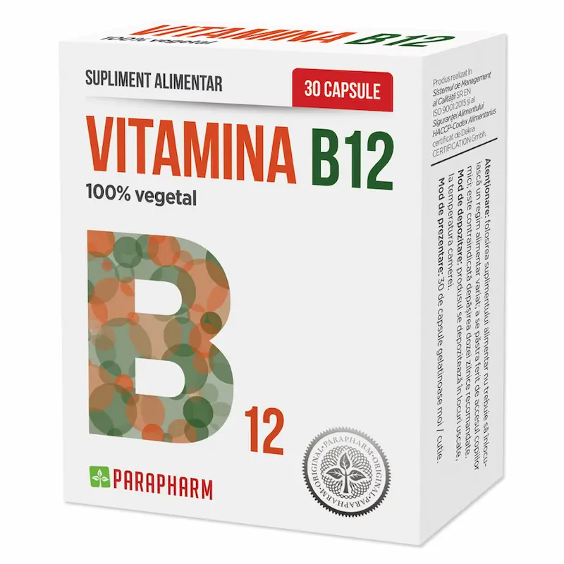 Vitamina B12 Parapharm 400 µg, cutie cu 30 capsule vegetale pentru energie și sistem nervos
